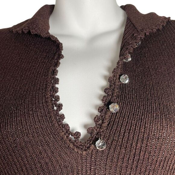 Vintage 60s Goldworm Knit Ribbed Crochet MIDI Chocolate Brown Sweater Dress XS - Picture 8 of 17